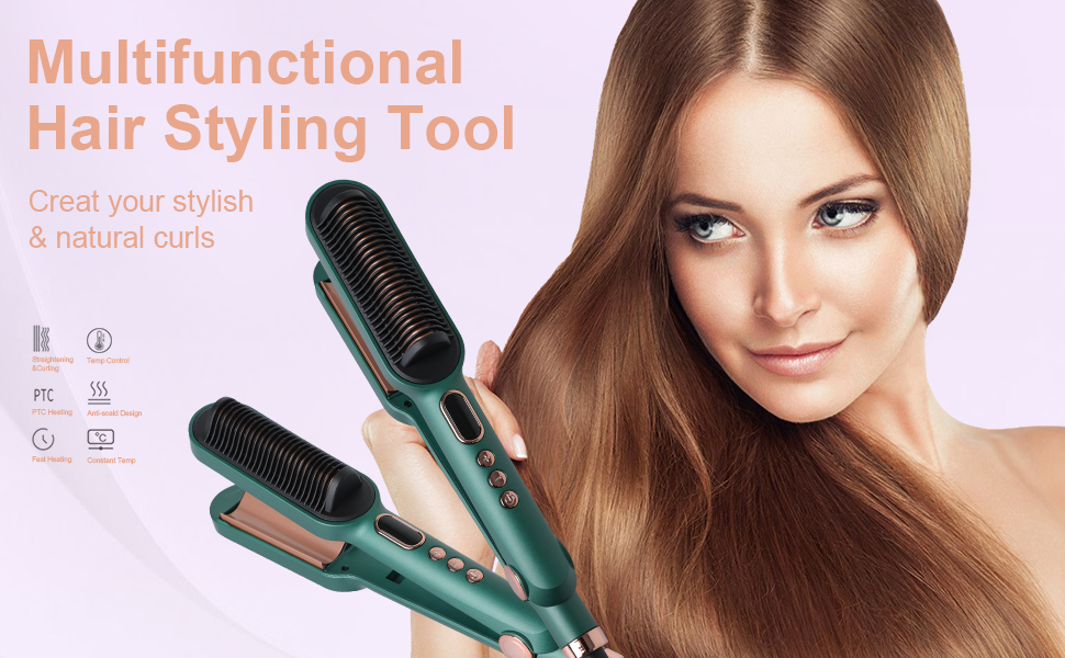 Hair Straightener Iron Brush,Flat Iron Comb and Curler 2 in