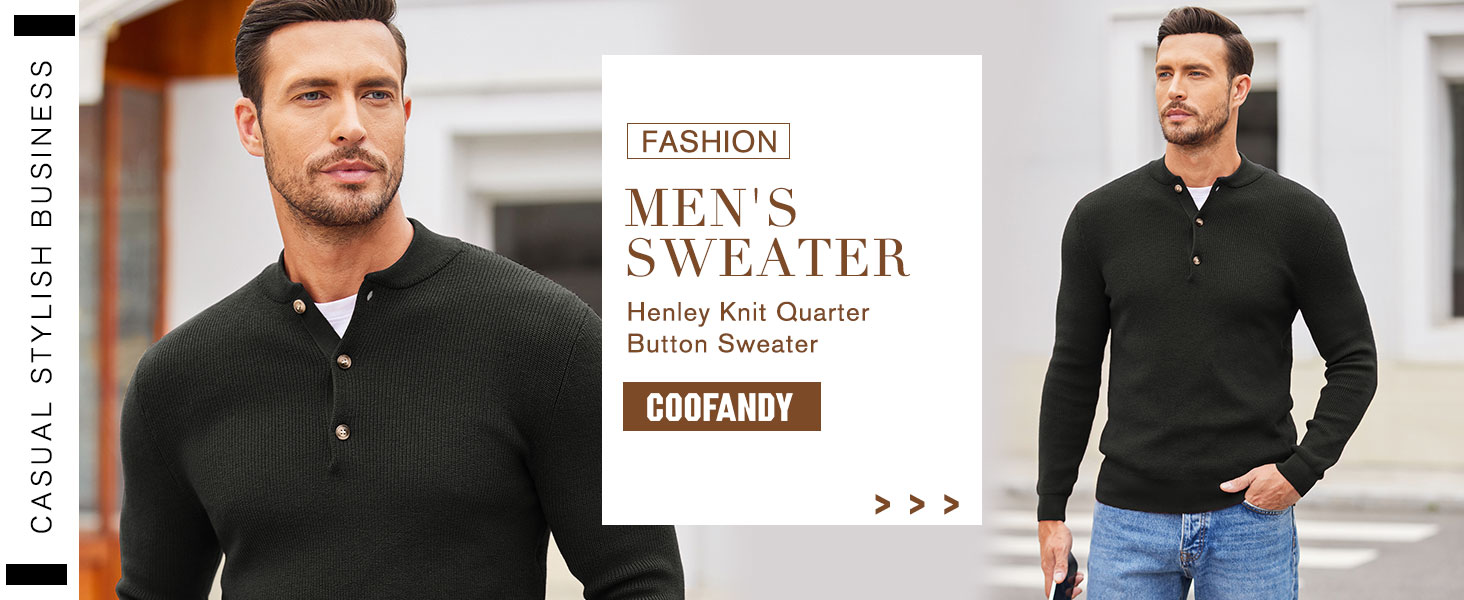 COOFANDY Suéter de punto Henley para hombre, manga larga