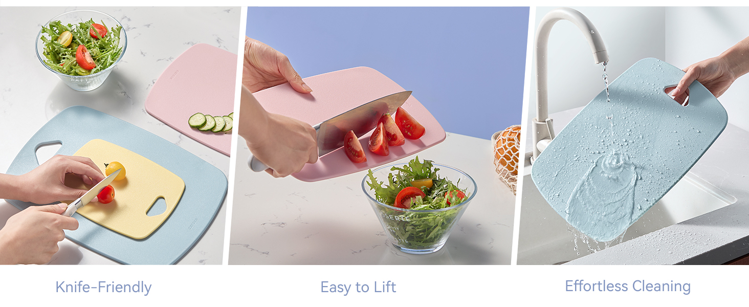 Carote plastic cutting boards are Knife-friendly, easy to lift and clean.
