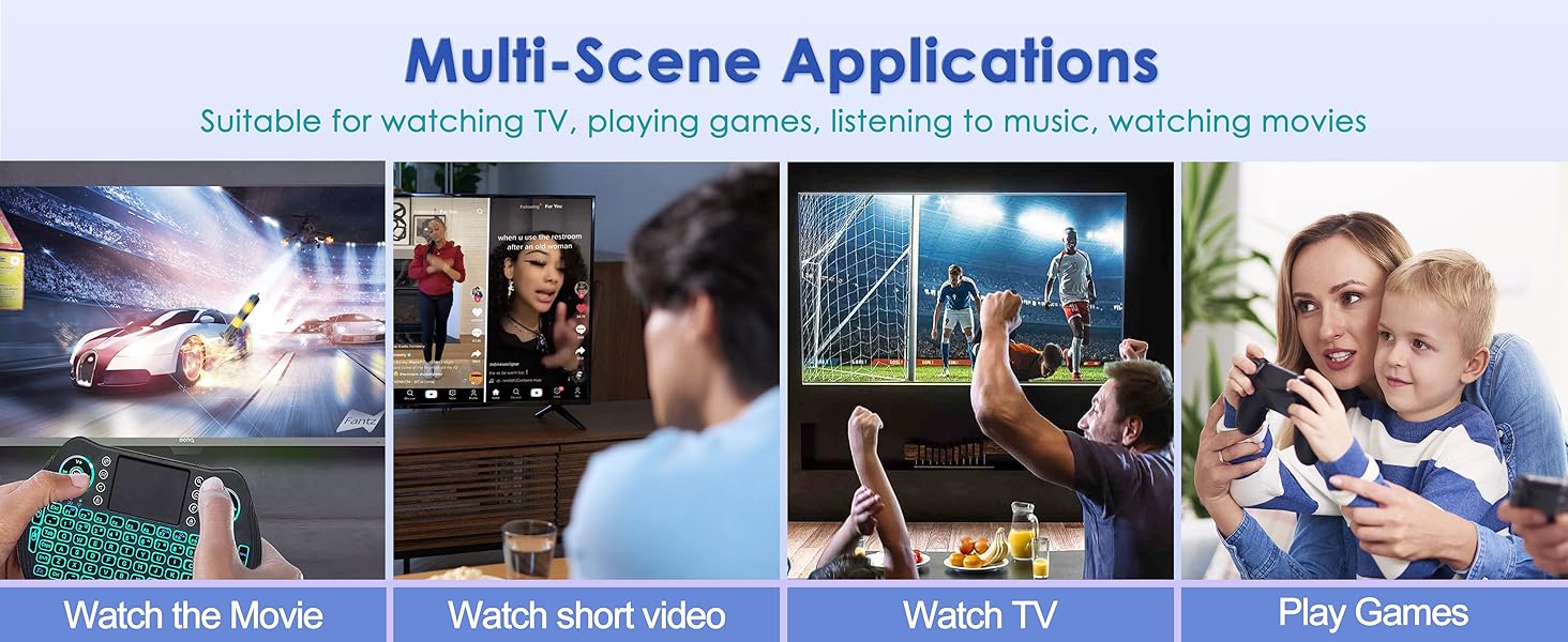 Text reads 'Multi-Scene Applications'. Row of entertainment-related scenes showing various viewing environments and activities.