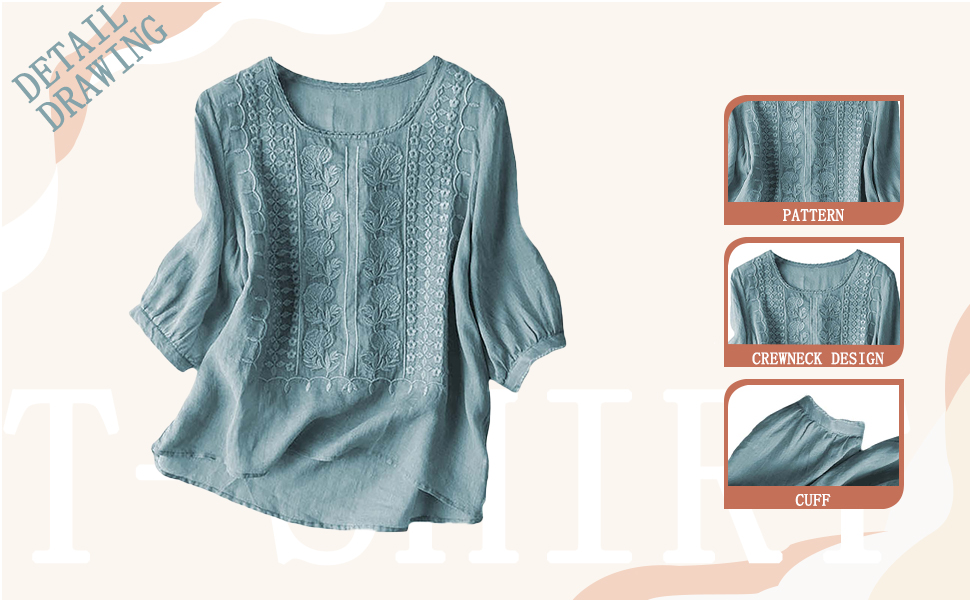 Linen Shirts for Women Summer 2025 Retro Embroidered 3/4 Sleeve Tops Dressy Casual Blouses