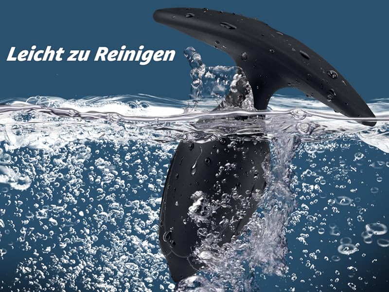 Der Text lautet „Leicht zu Reinigen“. Serie von Unterwasserfotografien, die Wasser zeigen, das mit dynamischer Wasserbewegung über eine dunkle Oberfläche spritzt.