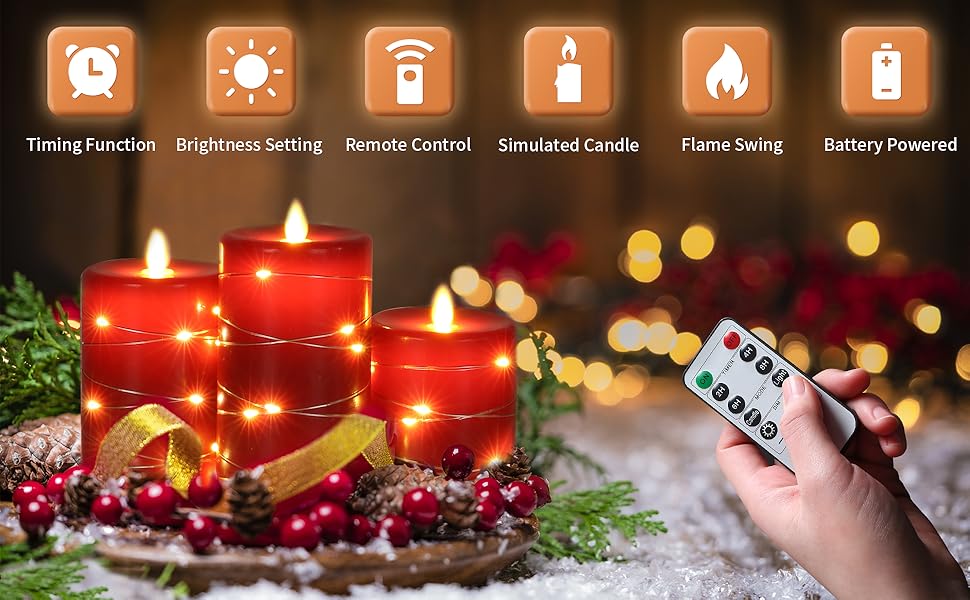 Flameless Candles 360 Degree Viewing Angle, with Starry String Lights