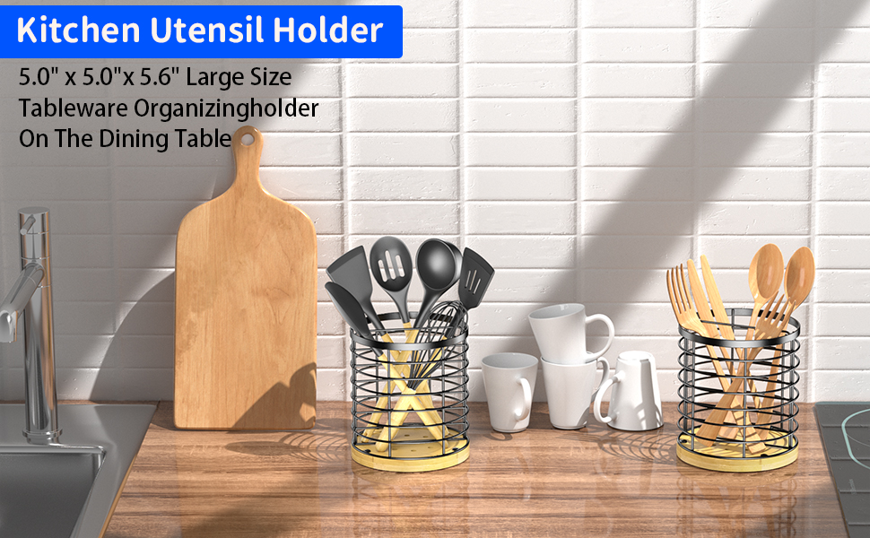 Kitchen Utensil Holder, Large Cooking Utensils Holder, Metal + Bamboo
