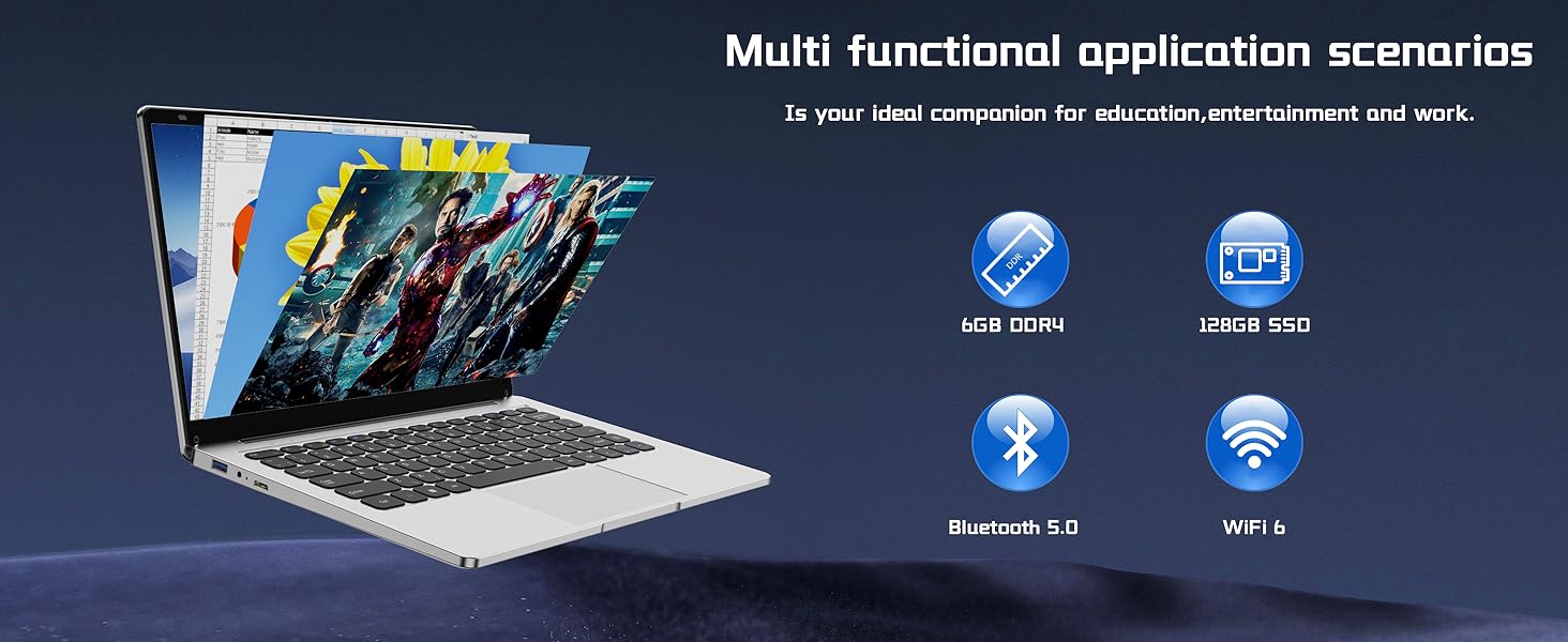Text reads 'Multi functional application scenarios'. Digital interface display showing wireless connectivity icons and menu options.