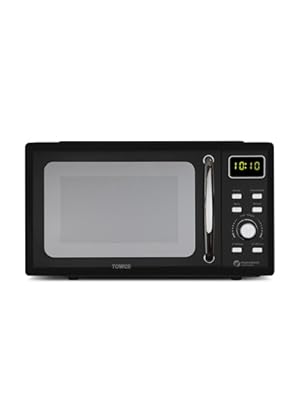 Compact black microwave oven with digital display panel and control buttons on right side, featuring a simple modern design.