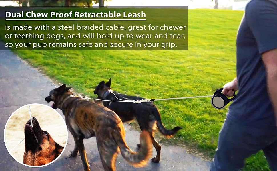 Chew Proof Double Retractable Dog Leash for Two Dogs Up to