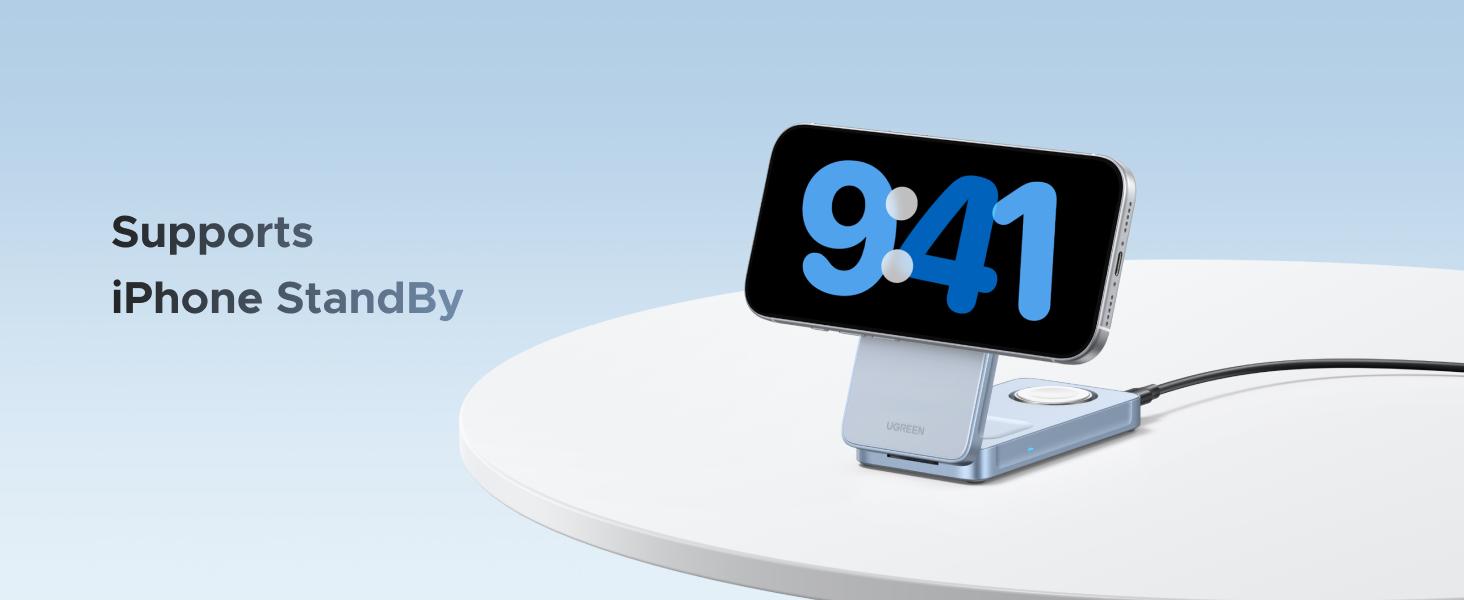 Text reads 'Supports iPhone StandBy'. Images showing a phone mount or stand functionality in different positions.