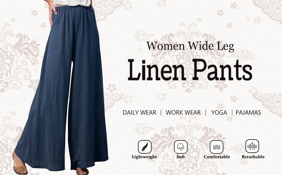 Linen Pants For Women Elastic Waist Flowy Pants Wide Leg Crop Pants Culottes