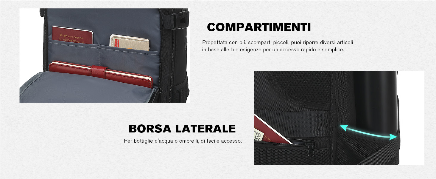 Immagine composita che mostra due caratteristiche di un prodotto: scomparti per riporre oggetti e una tasca laterale. Gli scomparti sono mostrati in grigio scuro con accenti rossi