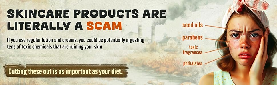 Text-based advertisement criticizing skincare industry claims. Orange and white text on black background with small facial image.