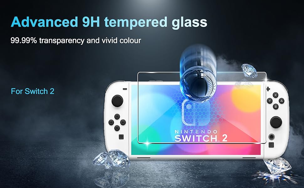 pour Nintendo Switch 2, présentant une dureté de 9H, une transparence de 99,99 % et un écran aux couleurs vives. Produit présenté avec un effet de verre brisé pour mettre l'accent sur la durabilité.