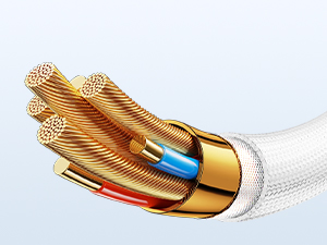 Diagrama de la sección transversal de un cable, que muestra varios cables dorados y componentes interiores azules y rojos, encerrados