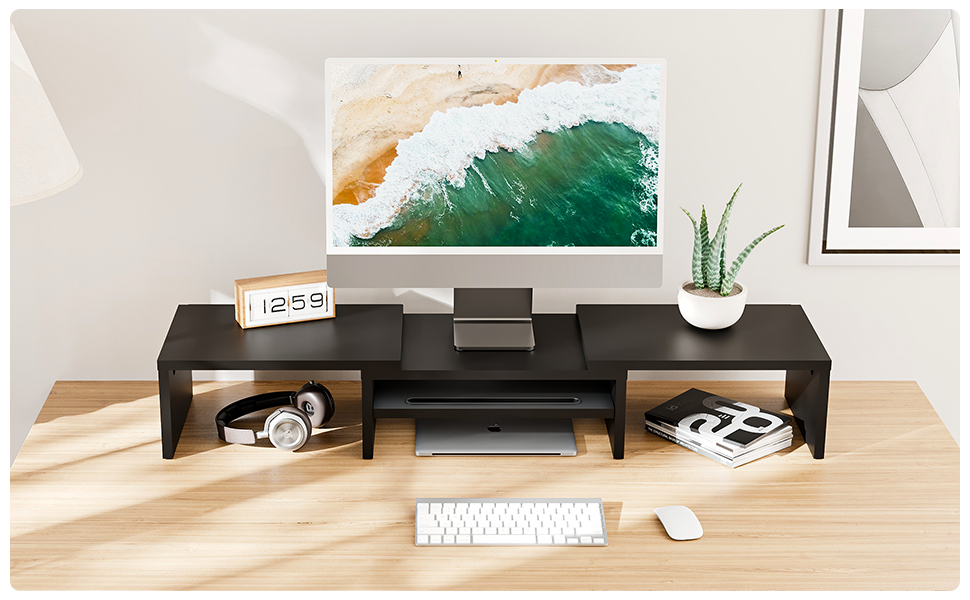 Dual Monitor Stand Riser, Wood Computer Stand for Desk with