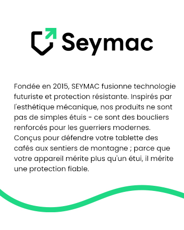 Le texte se lit « Seymac » suivi d'un texte français décrivant la création de l'entreprise en 2015 et sa technologie de protection mécanique pour les appareils électroniques.