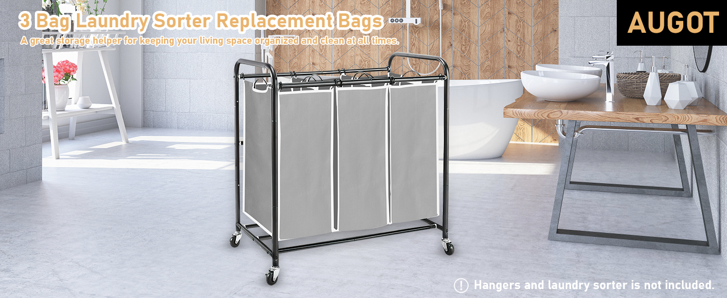 3 Laundry Sorter Replacement Bags, Augot Large Hamper Cart Removable