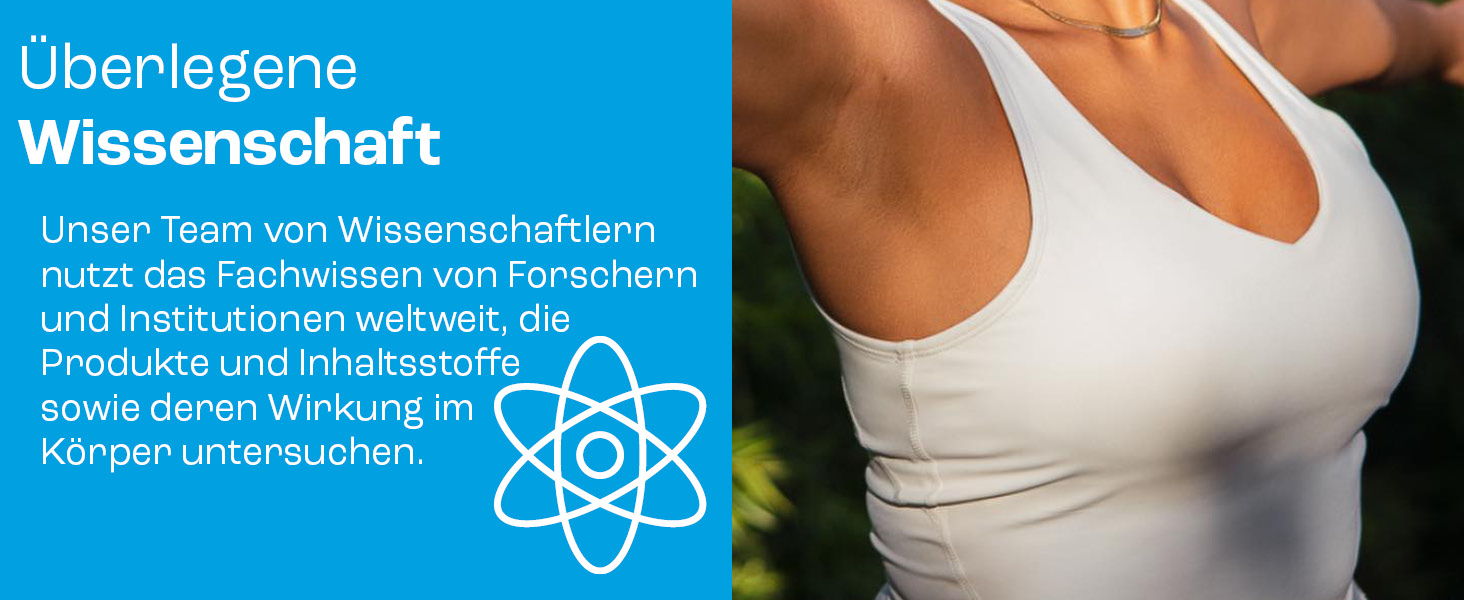 Frau steht rechts im Garten und macht Yoga daneben links roter Hintergrund Gesundheitsförderung