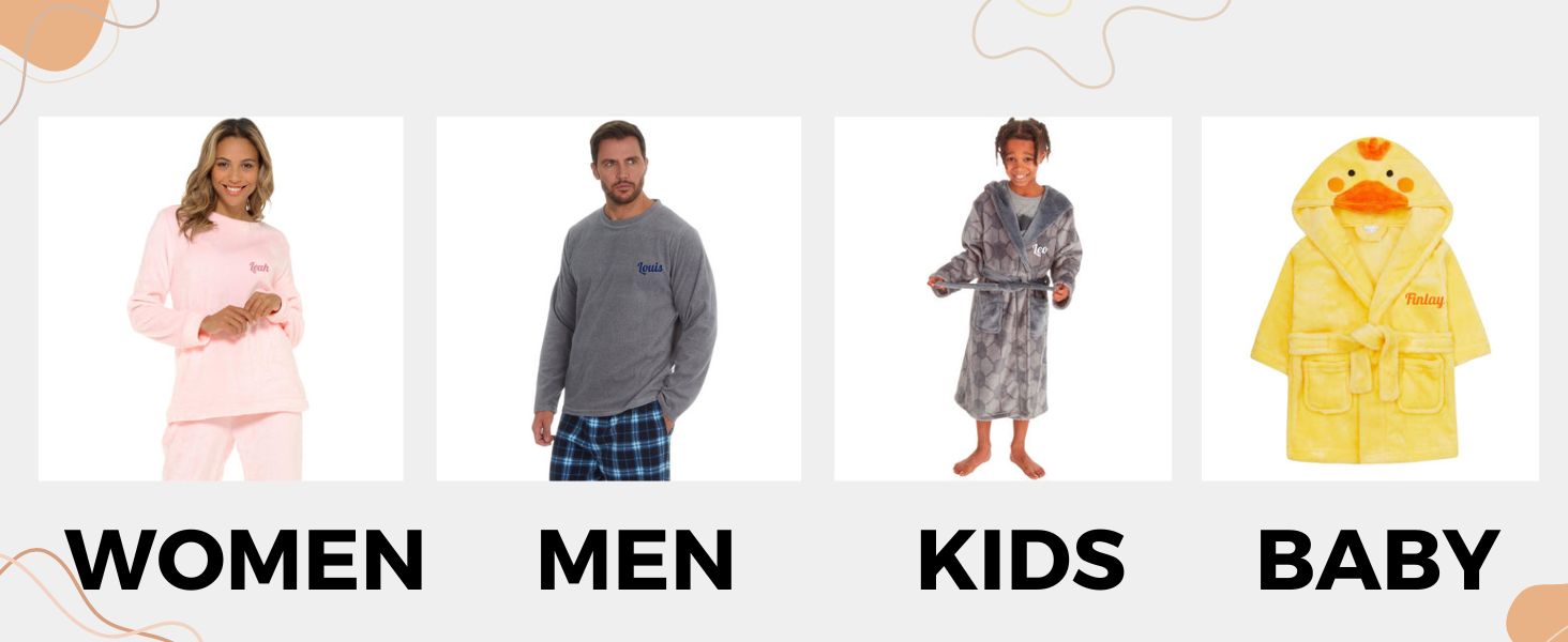 style it up mens womens kids baby personalised robes dressing gown shorts tights PJs Polo T-shirts