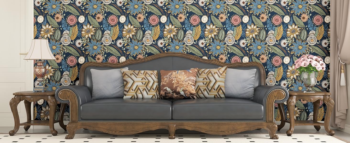 Navy blue boho wallpaper for living room