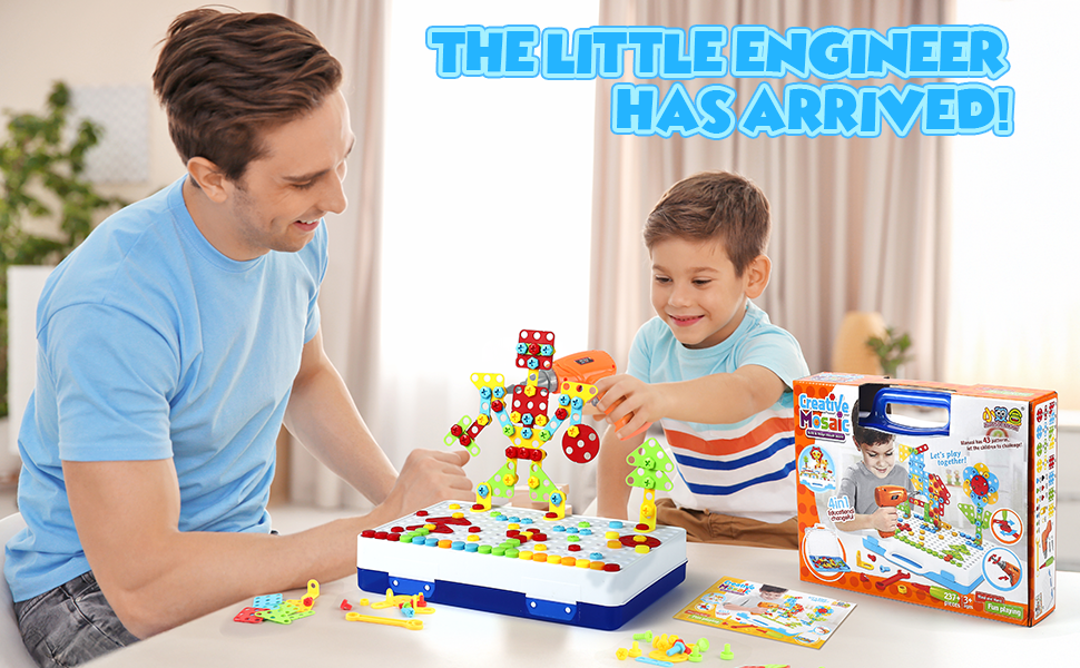Text reads 'THE LITTLE ENGINEER HAS ARRIVED!' Promotional banner showing educational toy set with multiple images of children and adults engaging with colorful building blocks and components.