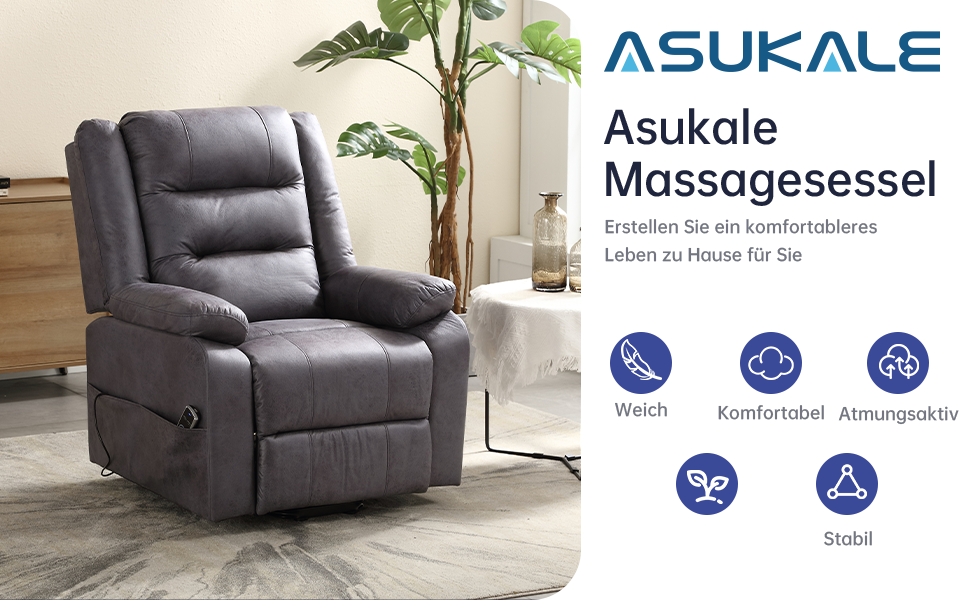Asukale Massagesessel: Grauer Relax-Massagesessel mit hoher R&uuml;ckenlehne, Armlehnen und Fu&szlig;st&uuml;tze. Zu den Merkmalen geh&ouml;ren weiche Polsterung