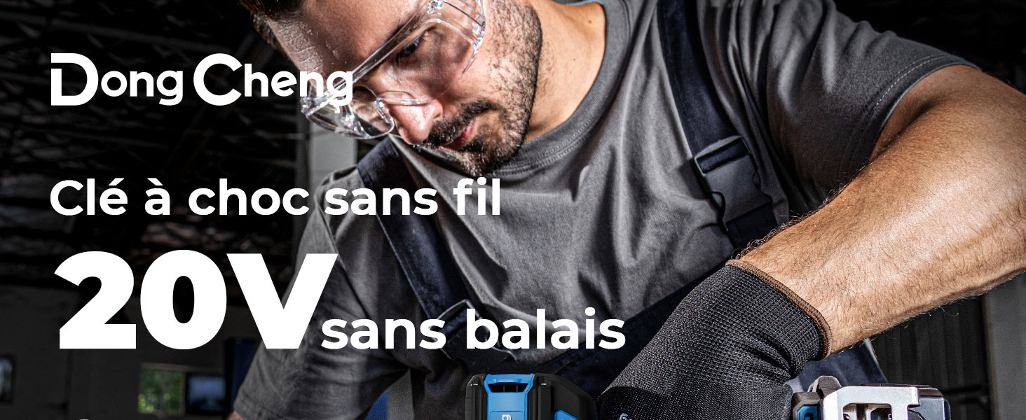 Le texte indique « DongCheng », « 20V sans balais ». Plans rapprochés de produits montrant des composants d'outils électriques en milieu industriel.