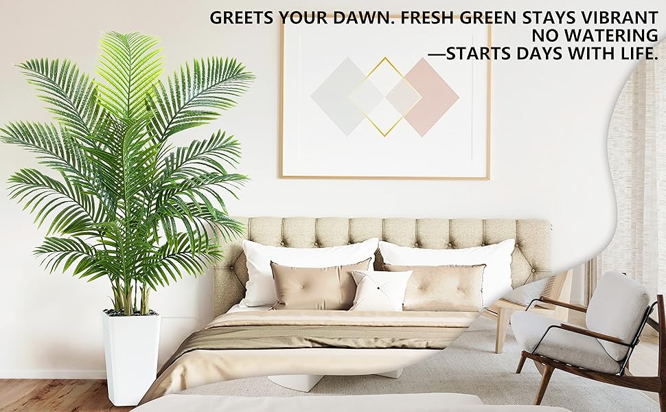 5FT Tropical Fake Silk Plant UV Resistant Faux Areca Palm with White Planter & Black Pebbles