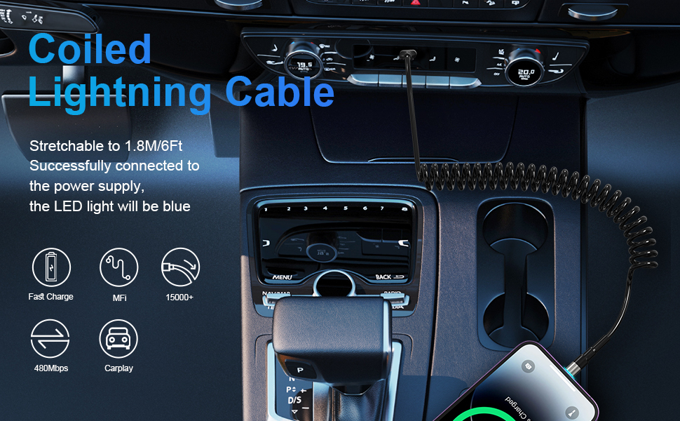 2 Pack Coiled Lightning Cable for Apple Carplay & MFi, Short USB to