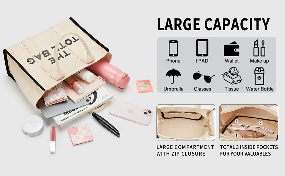 KALIDI Canvas Tote Bags for Women Handbag with Zipper Crossbody Bags