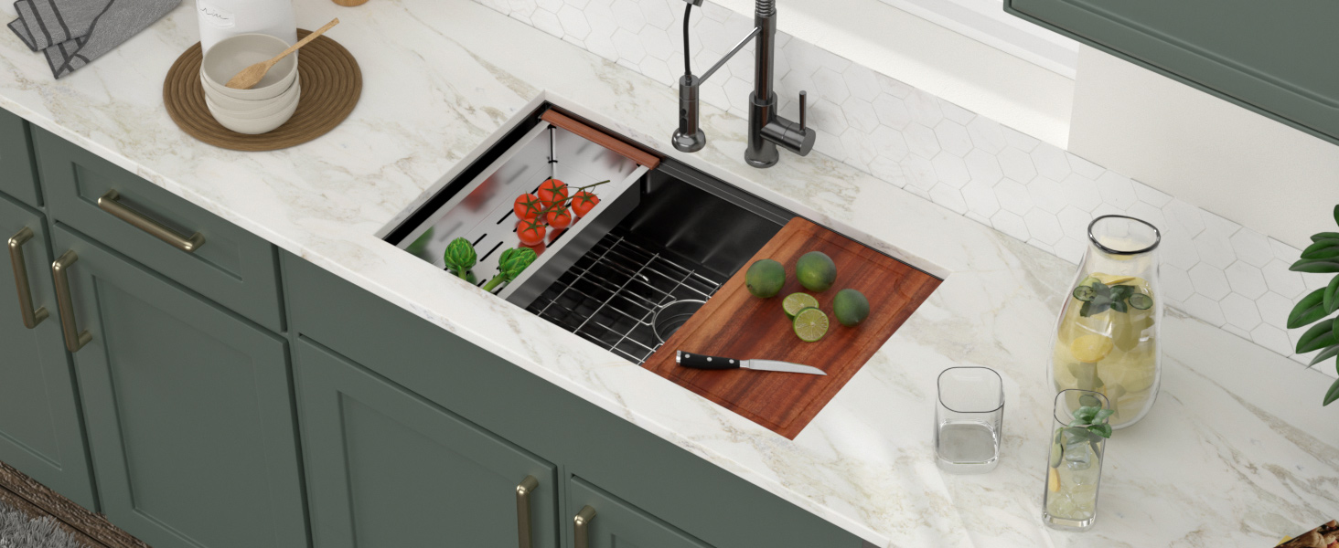 Fregadero de cocina bajo encimera negro de 33 pulgadas Estaciones de trabajo