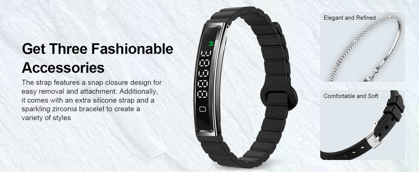 Text reads 'Get Three Fashionable Accessories'. Black fitness tracker band shown alongside other accessories against white background.