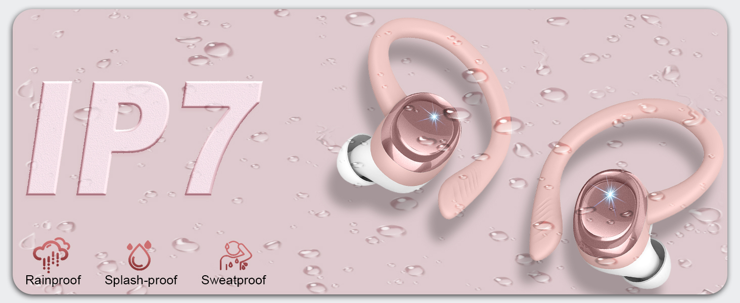 Pink wireless earbuds with charging case on a pink background. Text 'IP7' visible. Icons indicate sweatproof, splash-proof, and dustproof features.