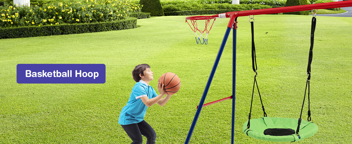 This metal swing set comes with a slide, 2 swings, a glider, trapeze rings, monkey bar
