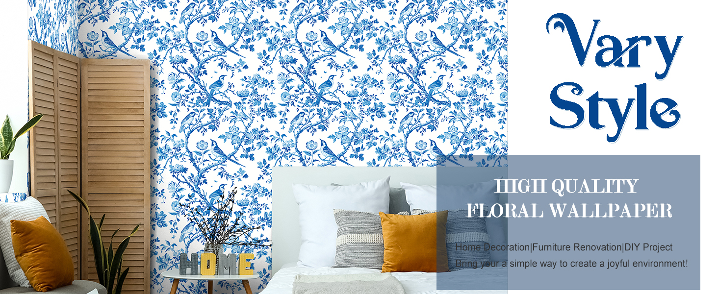 VaryStyle 17.7"x118" Vintage Bird Floral Wallpaper Blue and White Peel