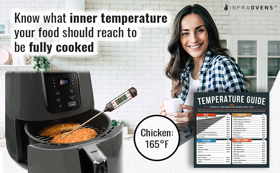 young woman smiling next to air fryer and temperature magnet, which shows inner food temperature