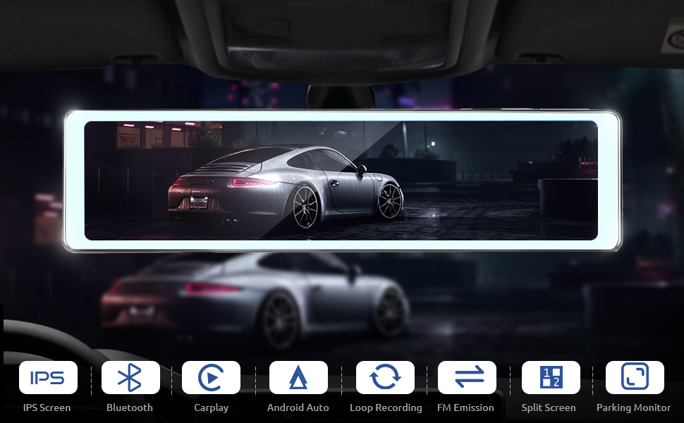 Mirror Dash Cam Wireless Apple Carplay Android Auto, 11.26" Touch