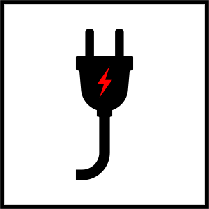 Einfache schwarze Abbildung eines elektrischen Steckers mit einem Blitzsymbol, das Strom oder Energie anzeigt.