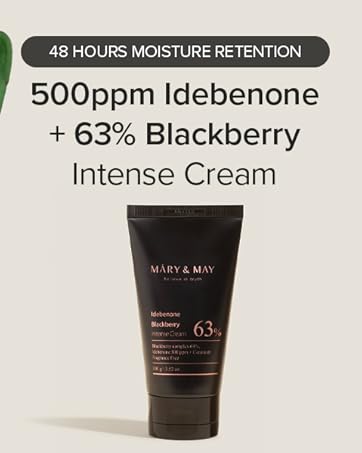 Intense cream in black tube. Contains 500ppm Idebenone and 63% Blackberry. Offers 48 hours moisture retention. Product by Mary & May.