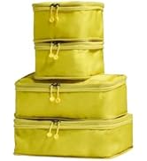 Set of four bright yellow travel packing cubes in varying sizes, stacked on top of each other. Each cube has a zipper closure for easy access.