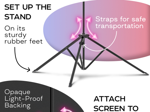 Set up the stand on its sturdy fubber feet. Straps for safe transportation