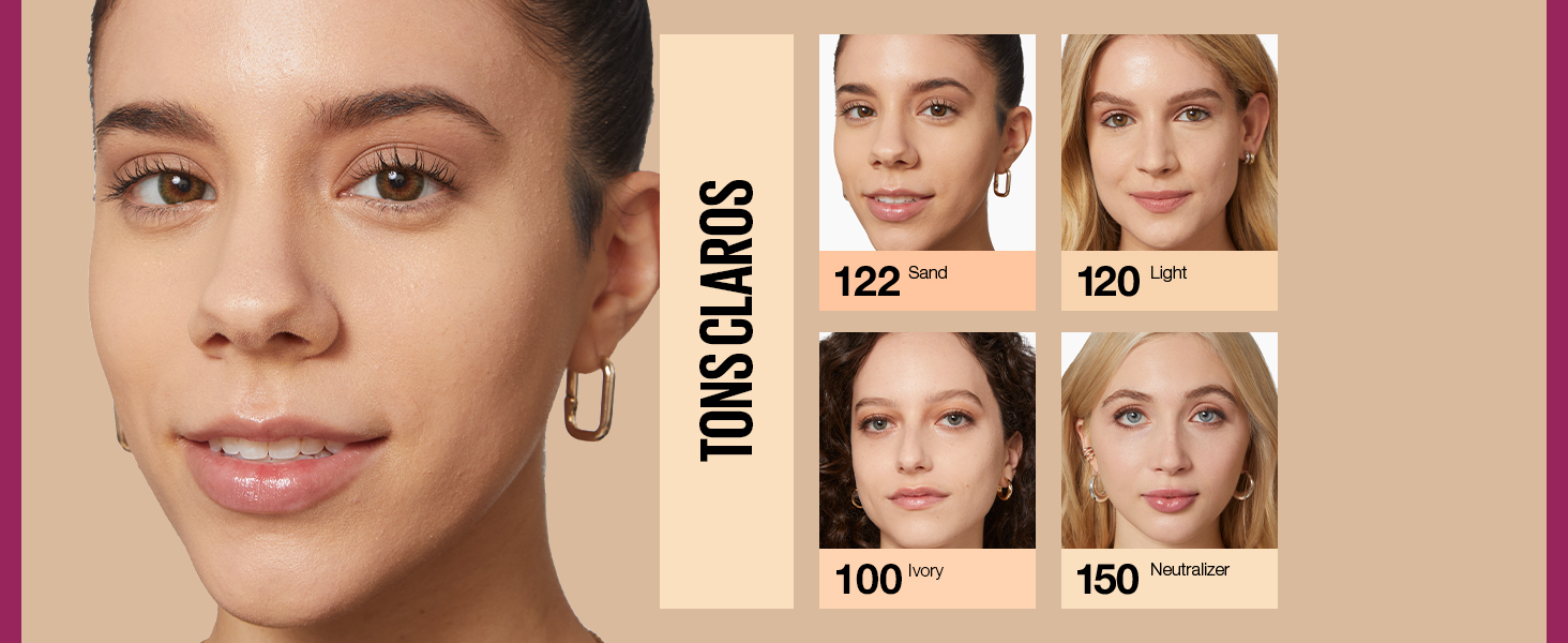 A imagem exibe modelos de pele branca e os tons claros do produto de cor 122,120,100 e 150