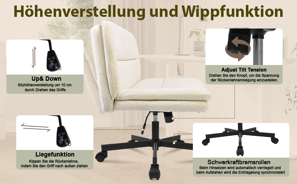 Diagramm der Funktionen des Bürostuhls einschließlich Höhenverstellung, Kippfunktion und Rollen. Text auf Deutsch beschreibt jede Funktion