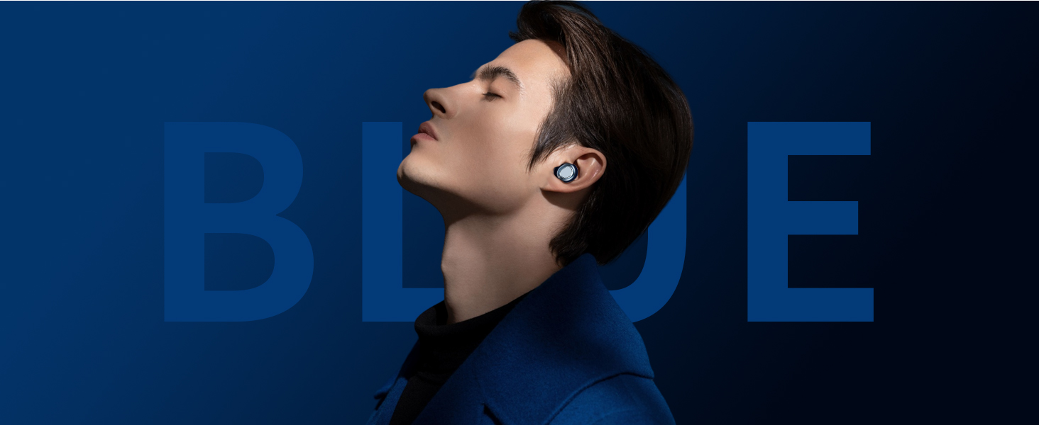 Text reads: 'BLUE'. Product promotional image with dark blue background showing wireless earbud product against dramatic lighting.