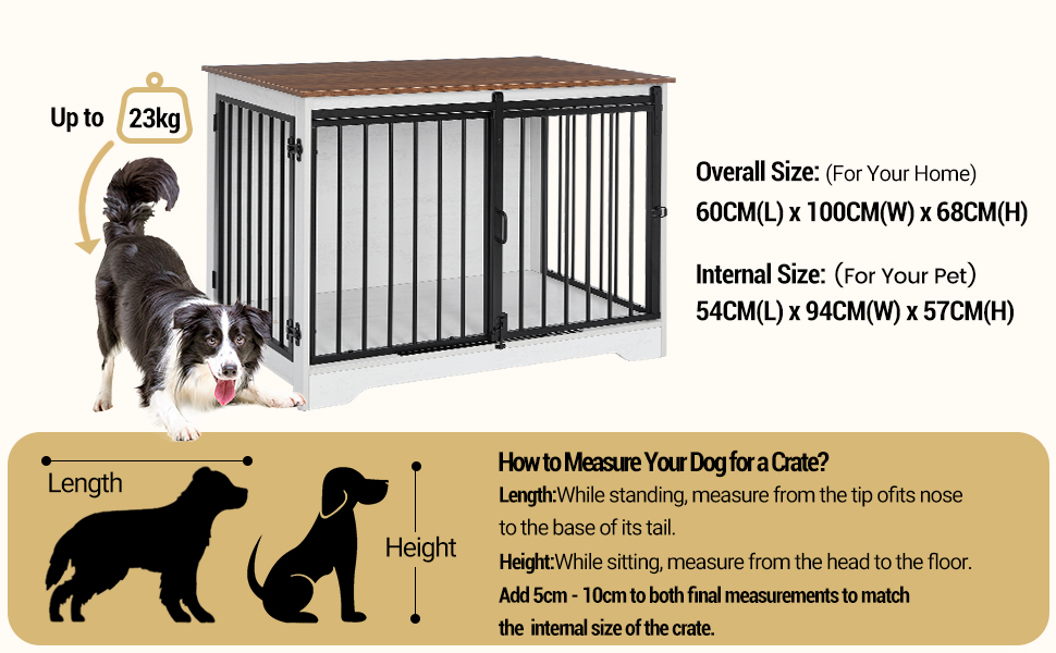 Hundebox aus Metall mit dunklen Metallstangen und braunem Deckel, mit Maßanleitung und Silhouetten. Größenangaben und Gewichtskapazität bis 23 kg angezeigt.