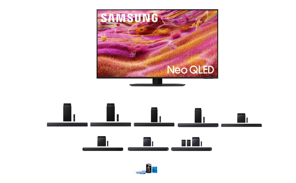 Samsung QN90FA Series TV with Samsung Soundbar and Amber Screen Cleaner