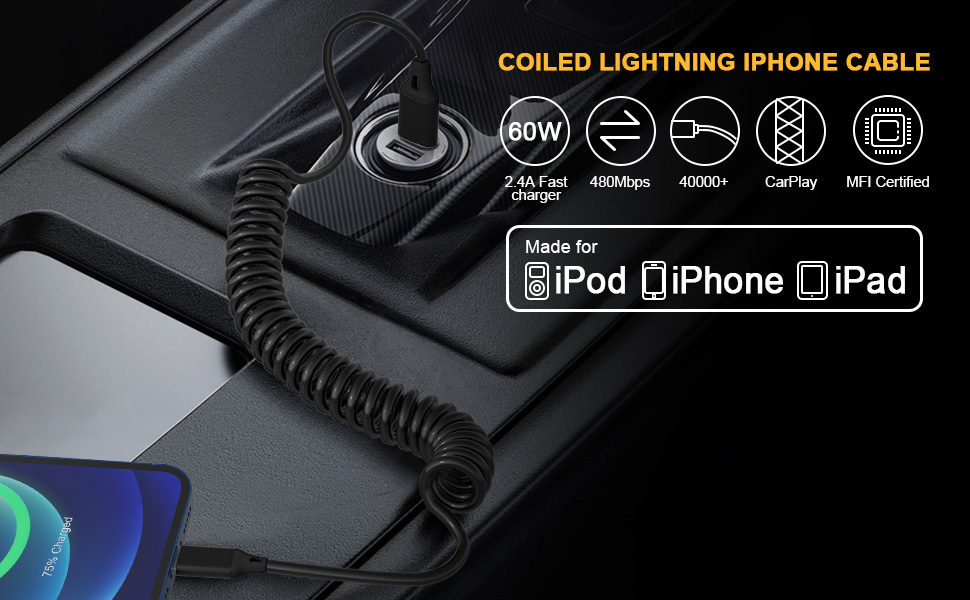 Coiled Lightning Cable Apple Carplay & MFi Certified, Retractable iPhone Charger with Data