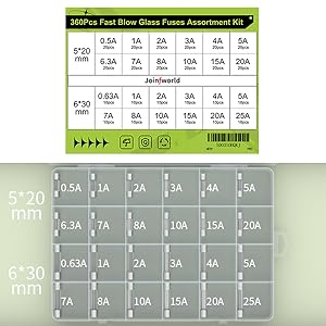 360Pcs Fast Blow Glass Fuses Assortment Kit 24 Values Auto Fuses Assortment Kit 250V