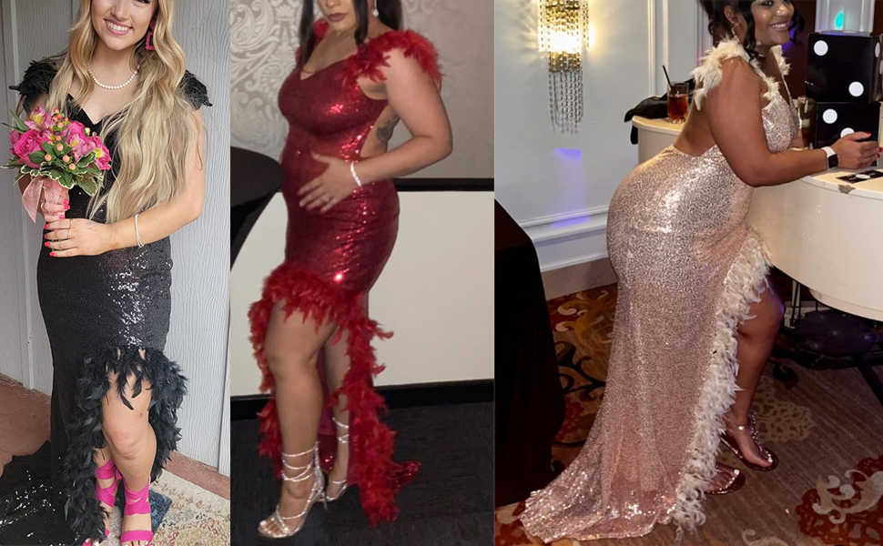 Women's Feather Spaghetti Strap Prom Dresses