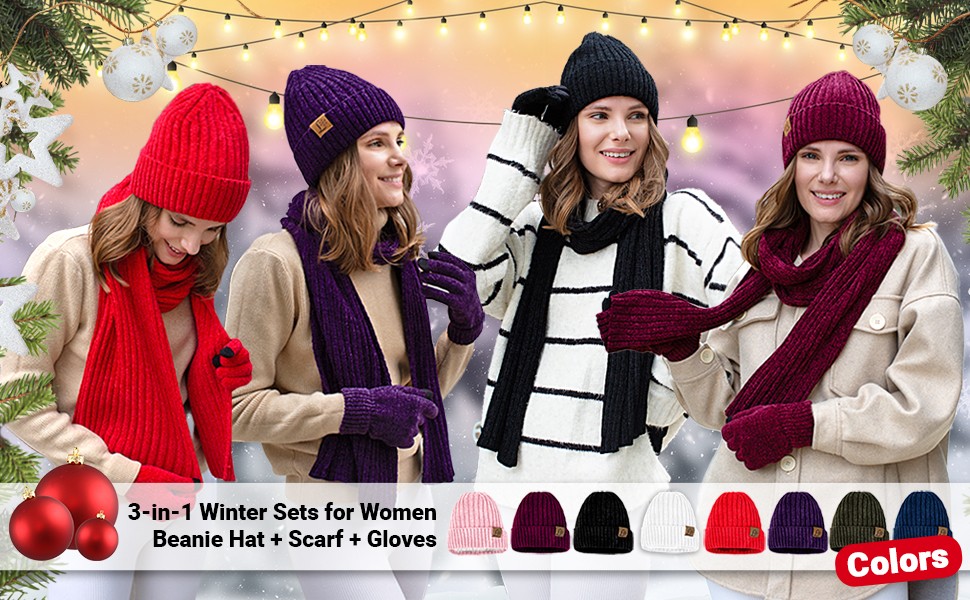 Womens Winter Knit Warm Hat Beanie Long Scarf Touch Screen Gloves Set Fleece Lined Skull Caps 