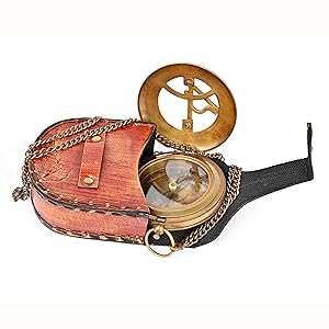 brass sundial compass with leather case
